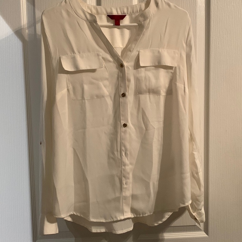 212 Soft Creamy White Long Sleeve Roll Tab Button Down Blouse Women Size M NWOT